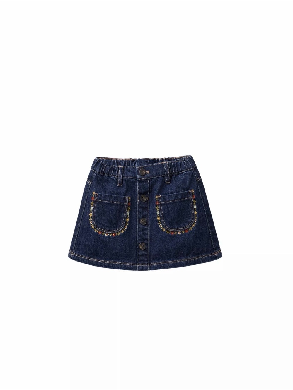 Zara Dark Blue Denim Button-Front Skirt with Floral Embroidered Pockets
